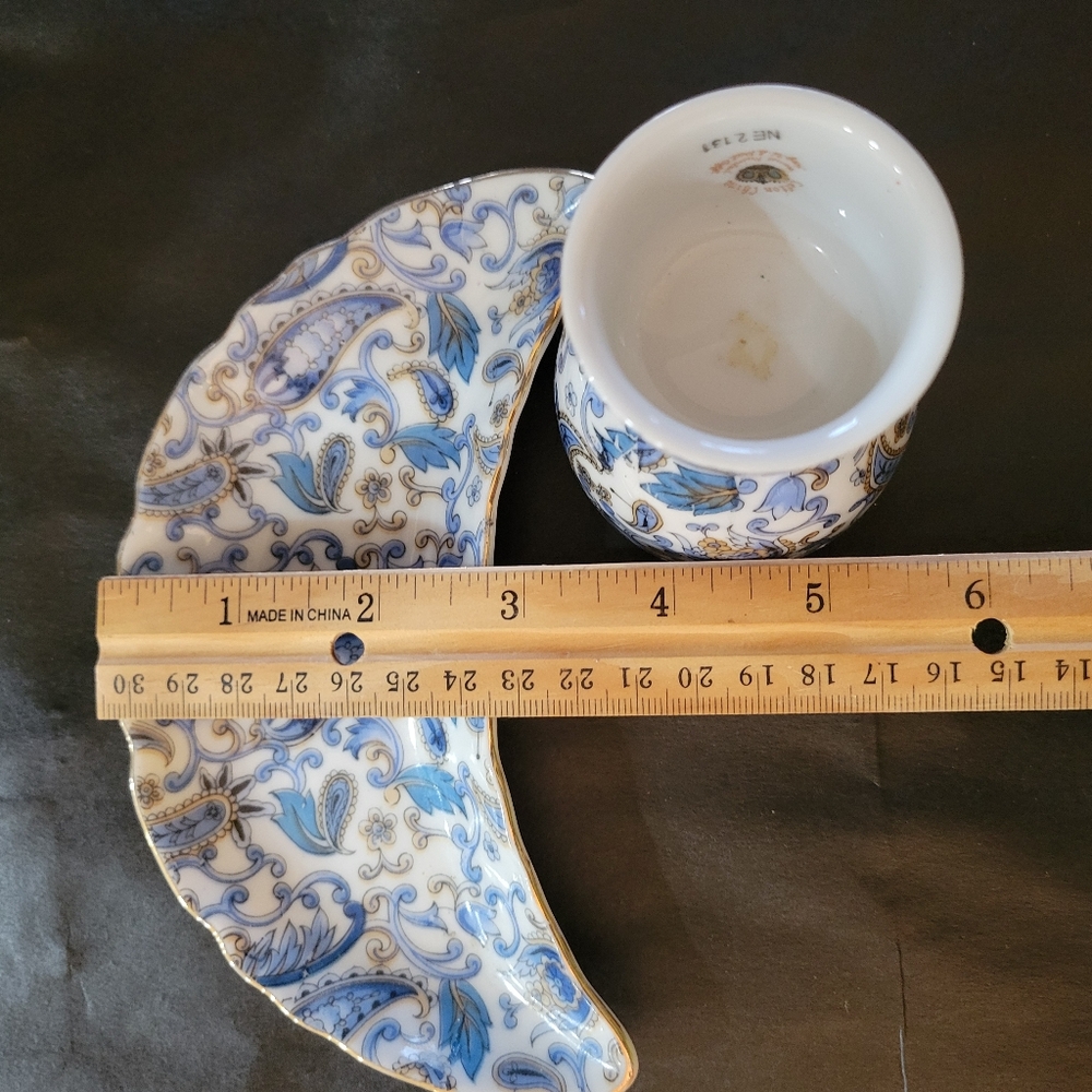 Lefton Egg Cup & Crescent Bone Side Trinket Dish Blue Paisley Vintage ~ Pretty! - Picture 14 of 16